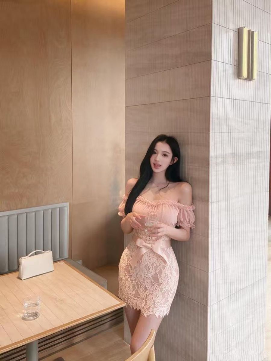 Pink Lace Waist Bow Off-Shoulder Mini Dress