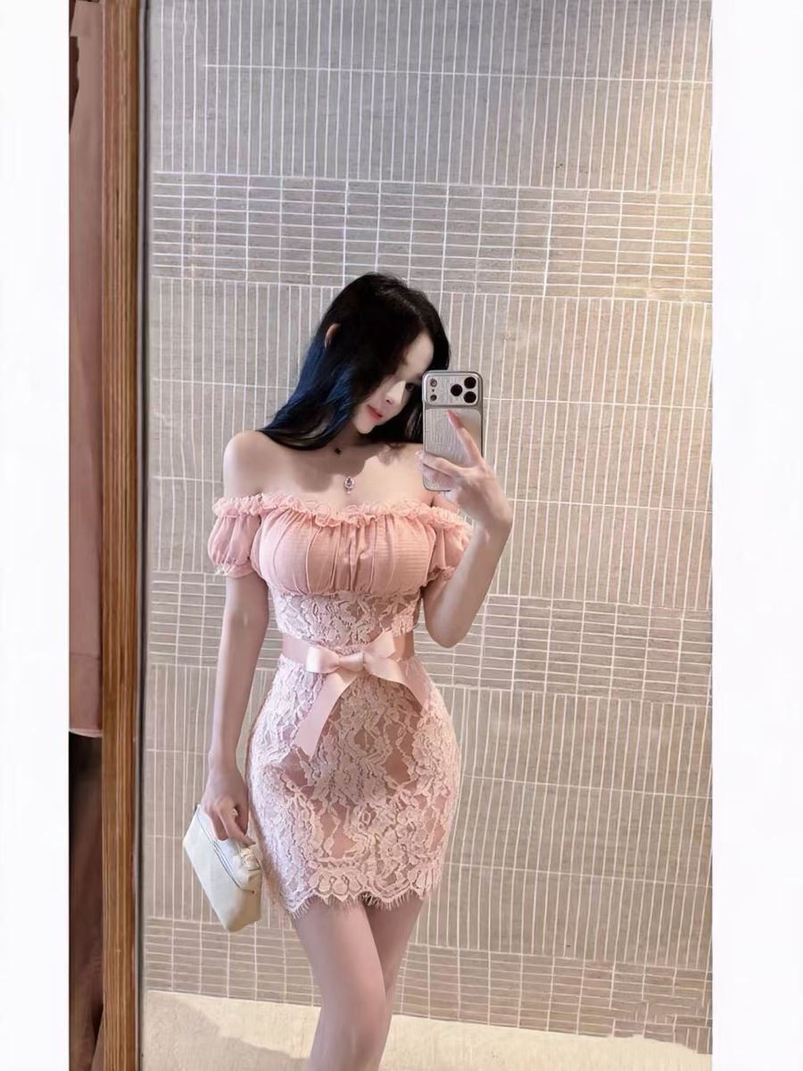 Pink Lace Waist Bow Off-Shoulder Mini Dress