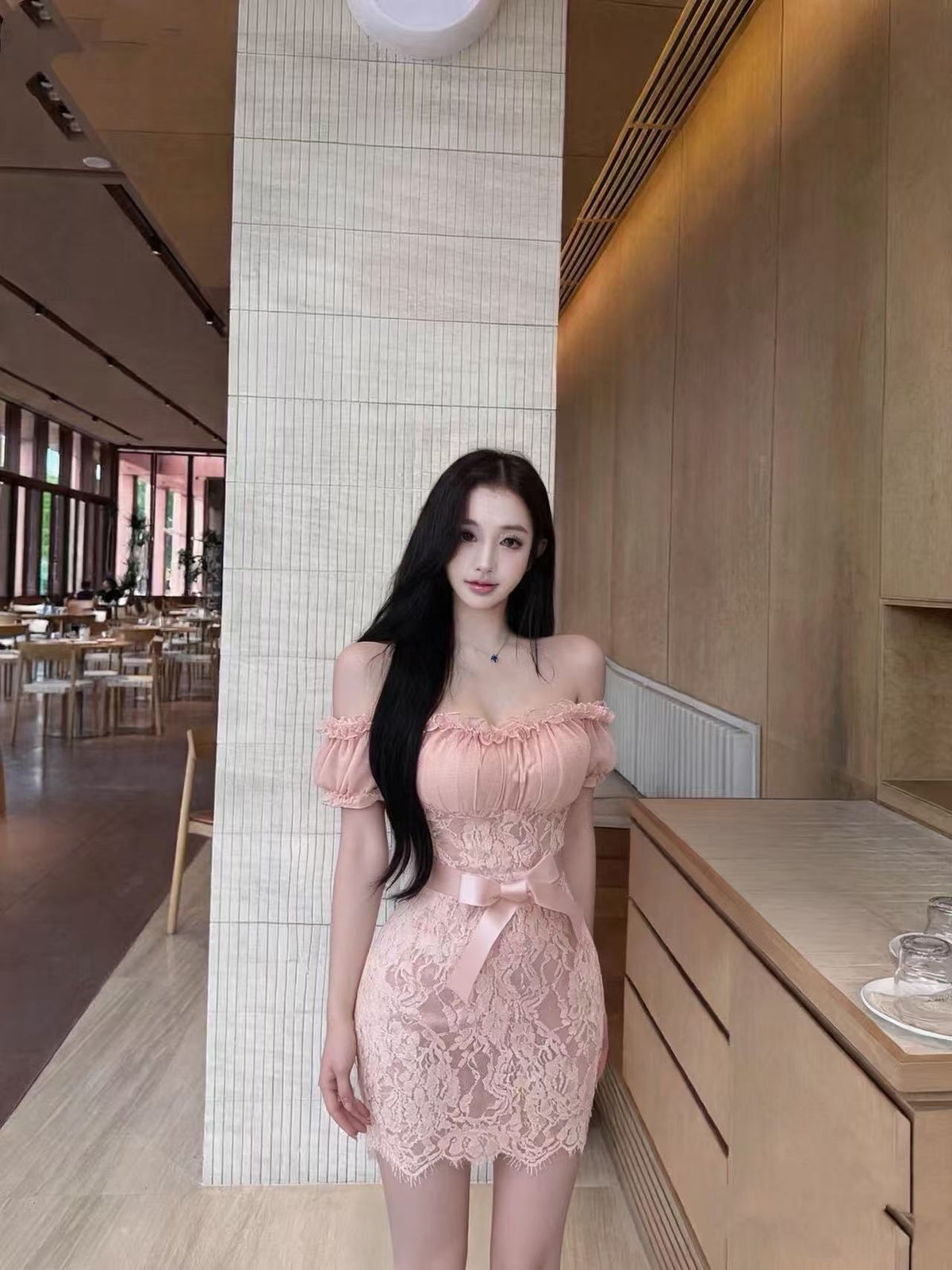 Pink Lace Waist Bow Off-Shoulder Mini Dress