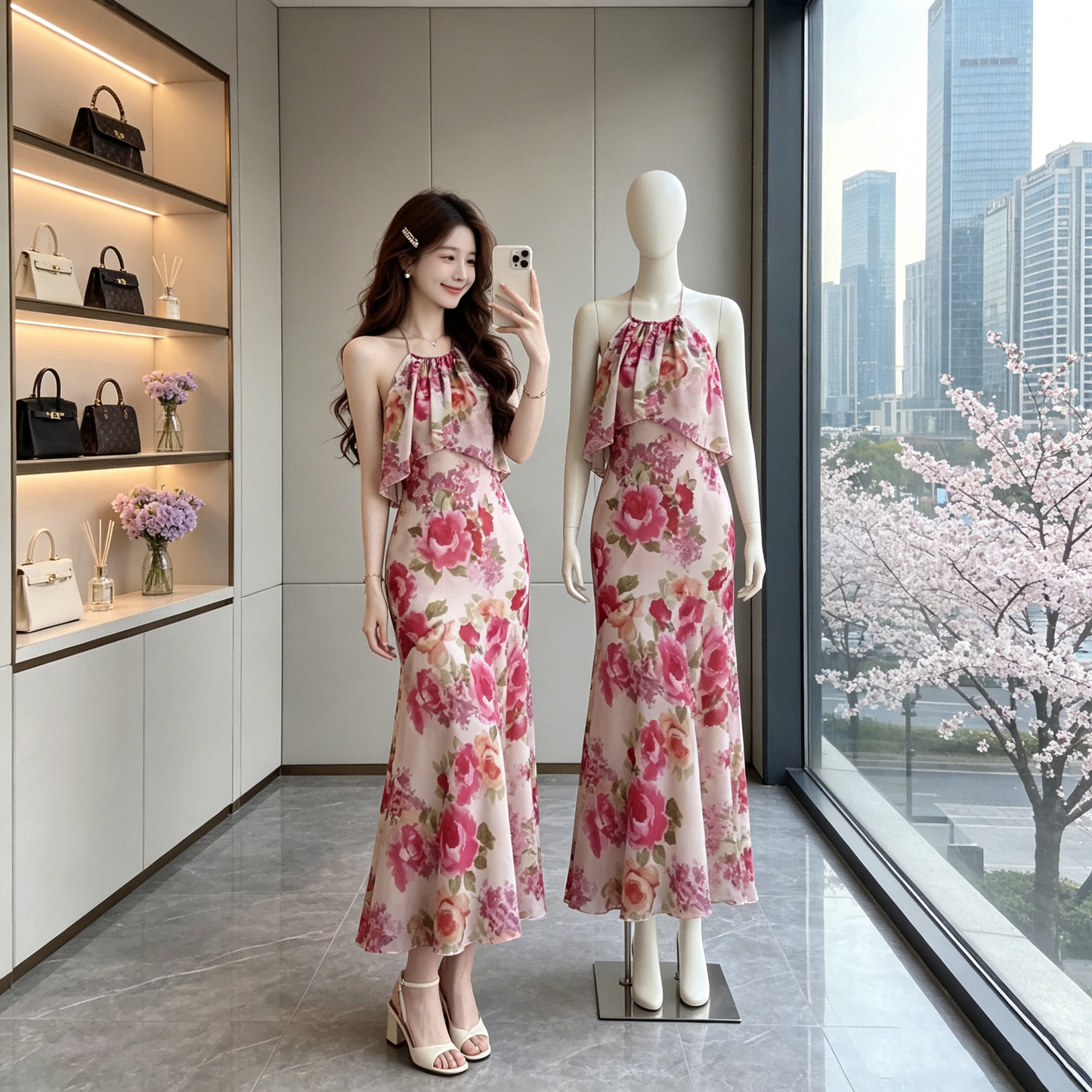 Pink Petal Mermaid Chiffon Dress