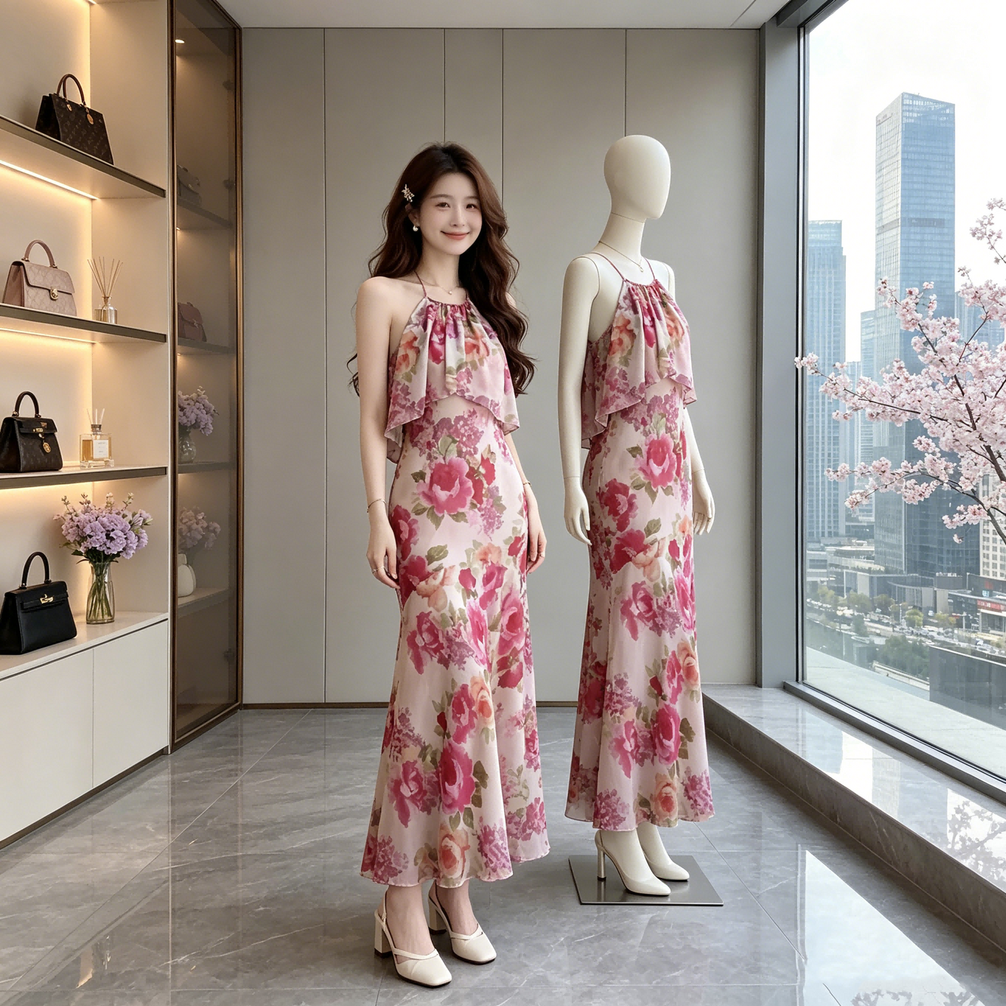Pink Petal Mermaid Chiffon Dress