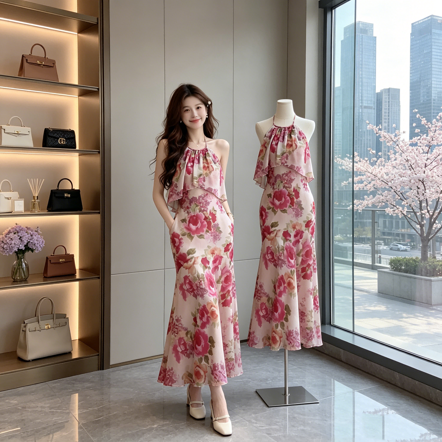 Pink Petal Mermaid Chiffon Dress