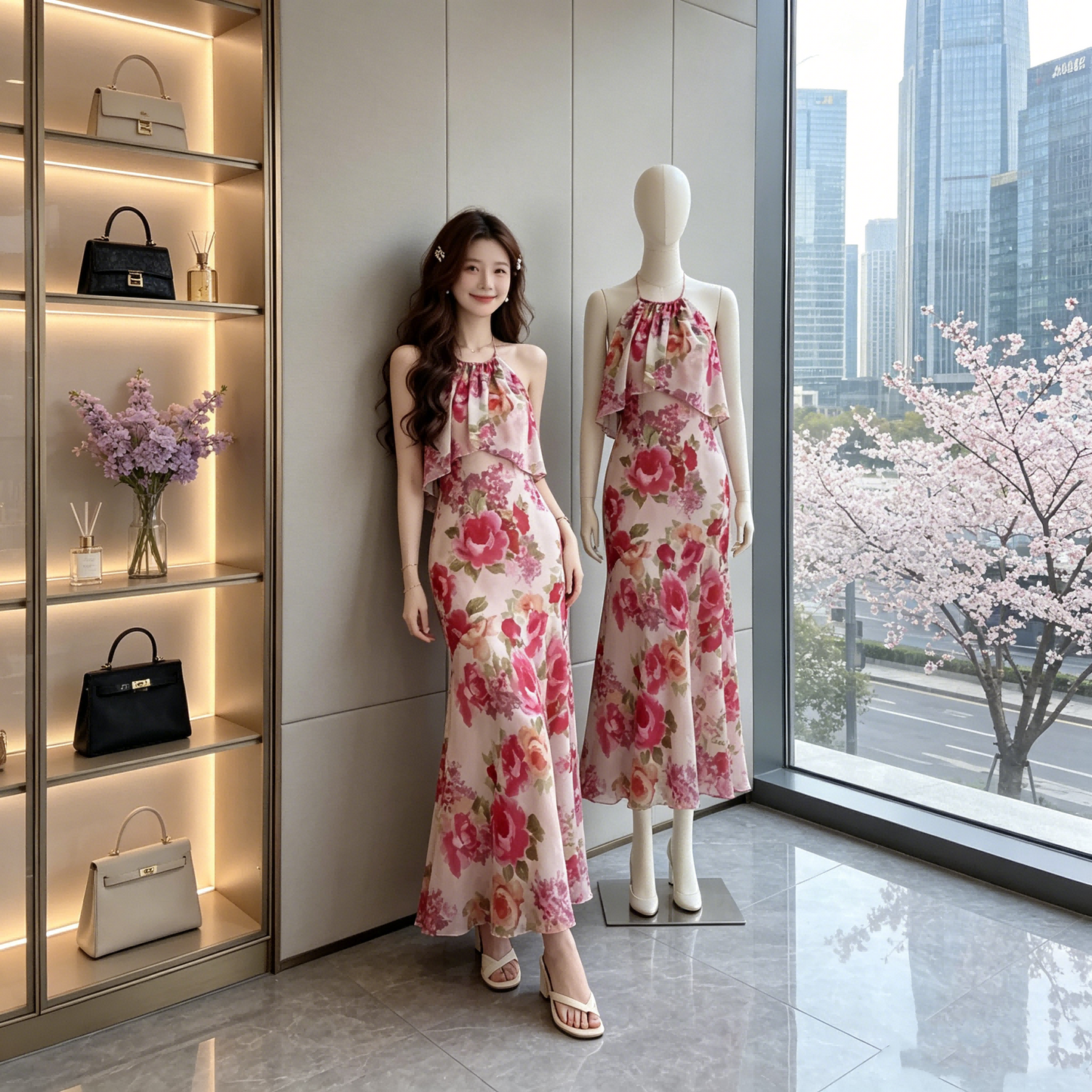 Pink Petal Mermaid Chiffon Dress