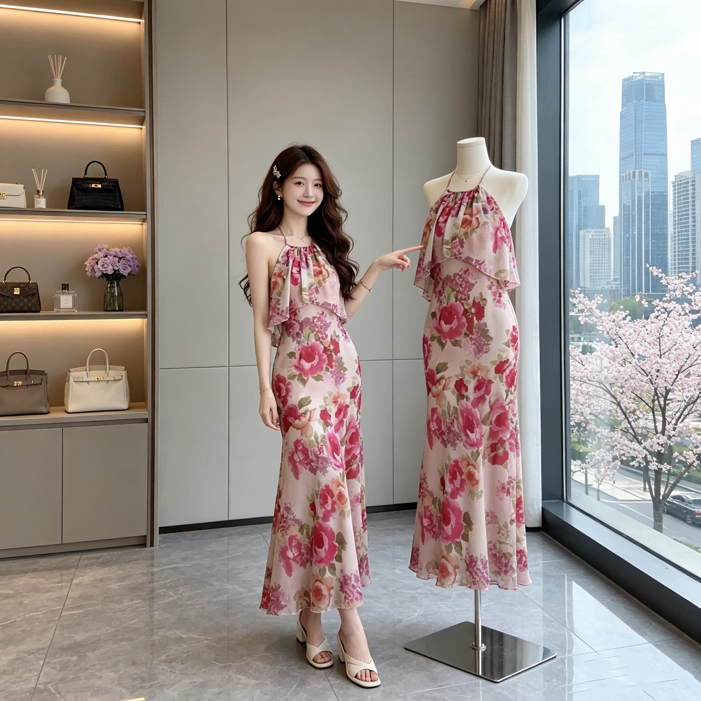 Pink Petal Mermaid Chiffon Dress