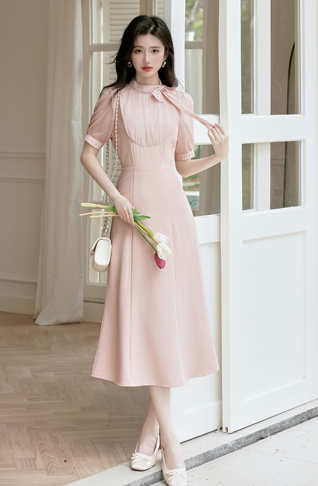 Grace Bow-Neck Chiffon A-Line Dress