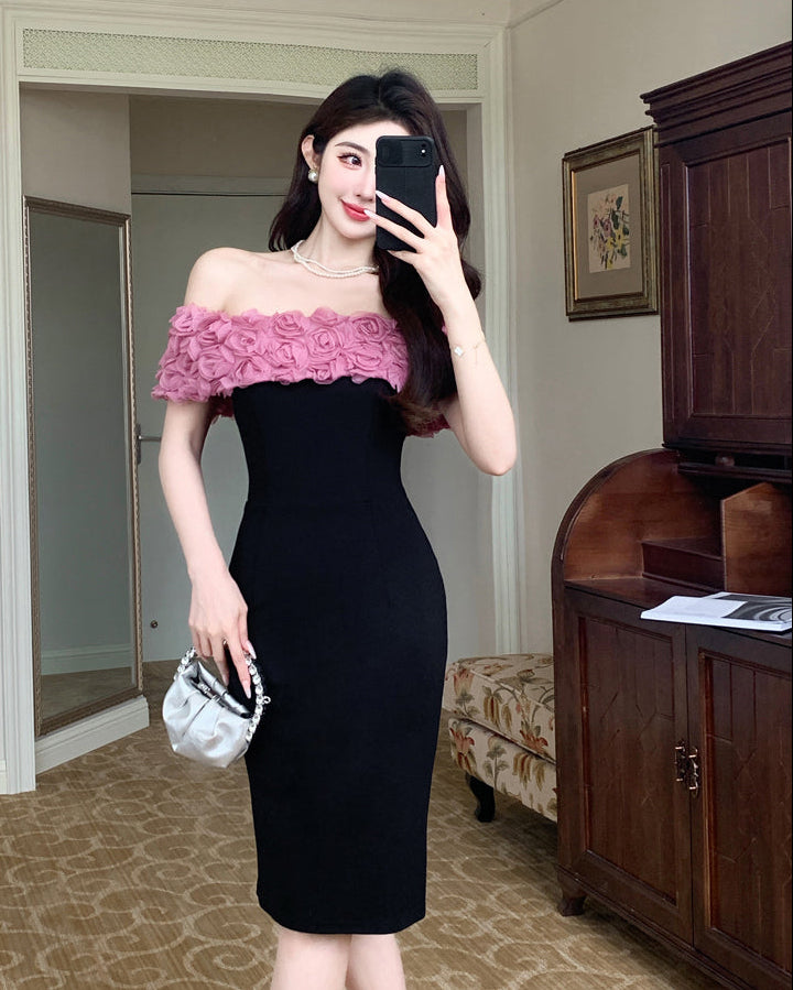 Pink Rosette Off-The-Shoulder Dress