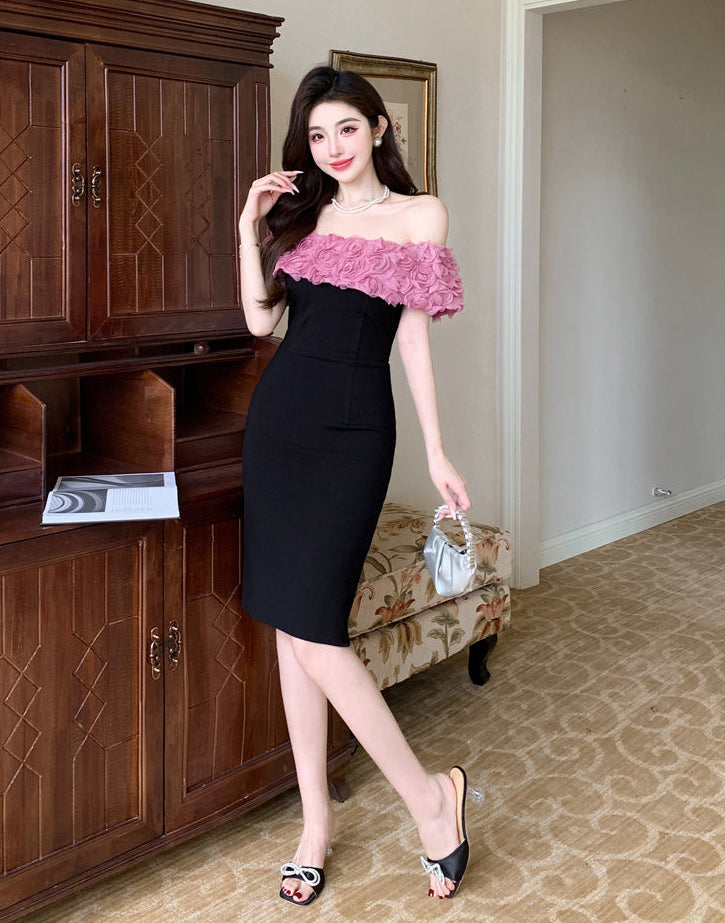 Pink Rosette Off-The-Shoulder Dress