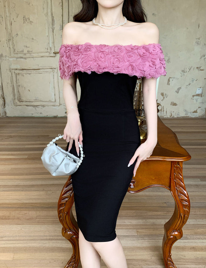 Pink Rosette Off-The-Shoulder Dress