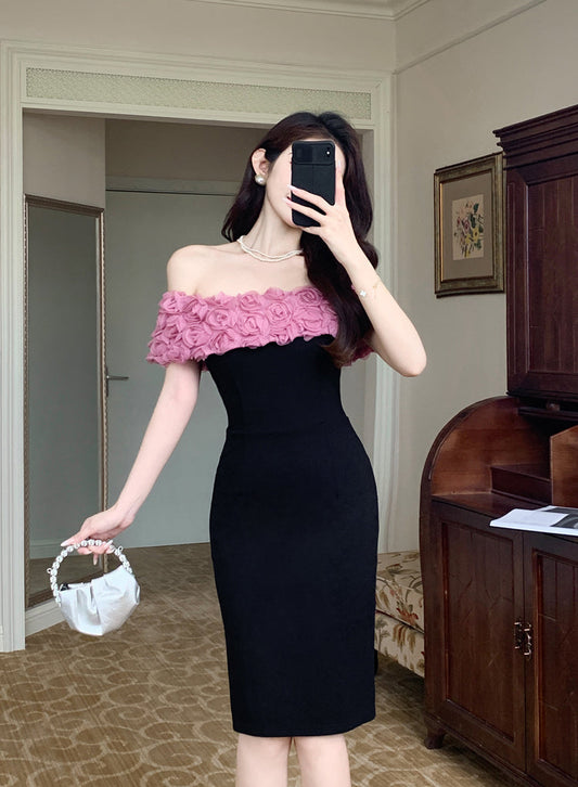 Pink Rosette Off-The-Shoulder Dress