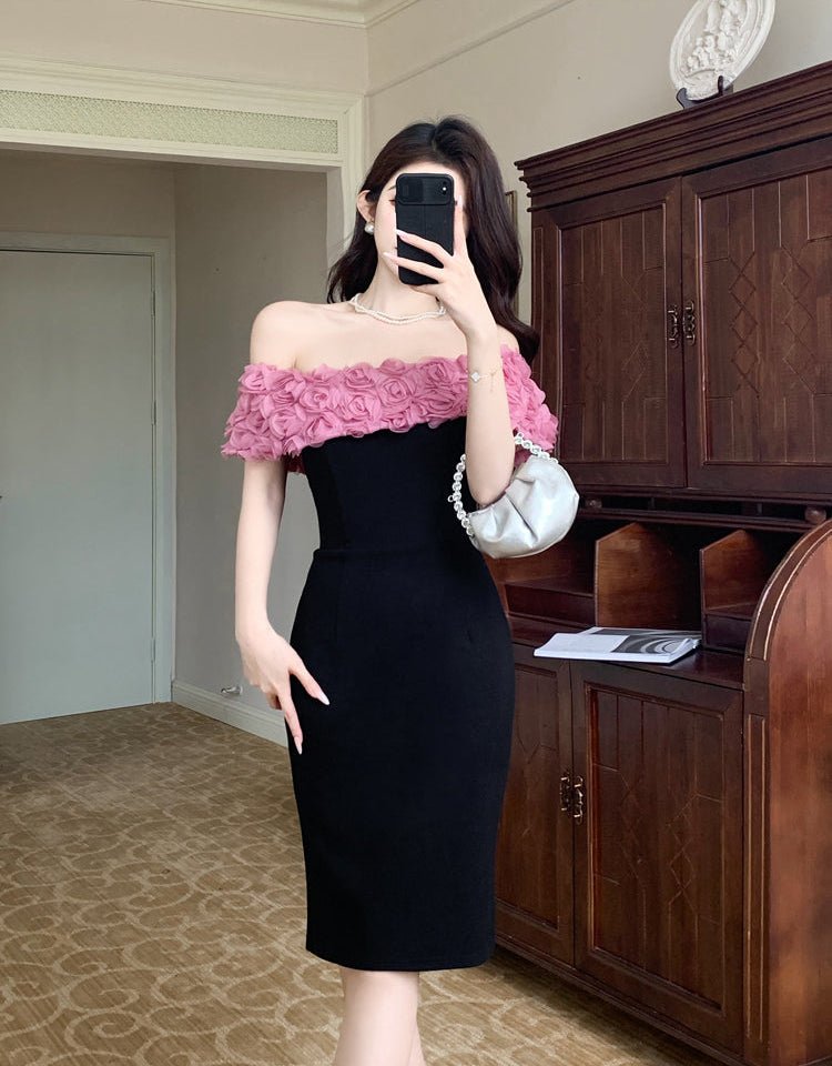 Pink Rosette Off-The-Shoulder Dress