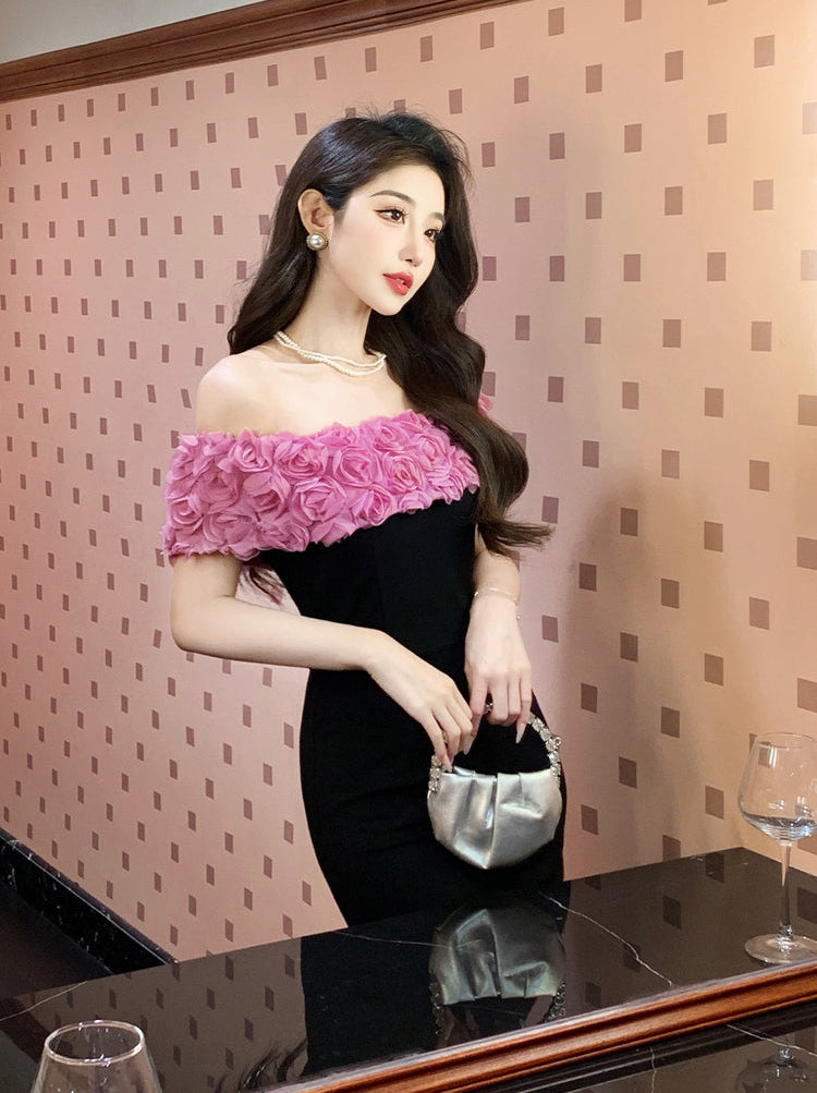Pink Rosette Off-The-Shoulder Dress