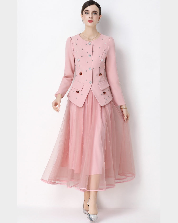 Pink Round Neck Suit Jacket with Rhinestone embellishments and Mesh Skirt Set