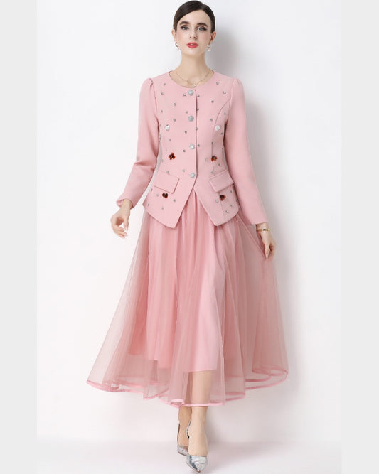 Pink Round Neck Suit Jacket with Rhinestone embellishments and Mesh Skirt Set