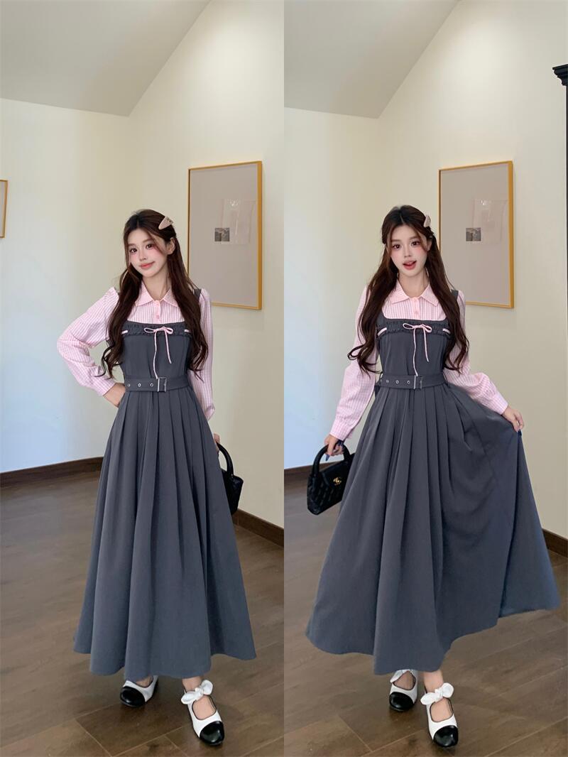 Plus Size Twilight Whispers Autumn Pink Striped & Grey Pinafore Dress