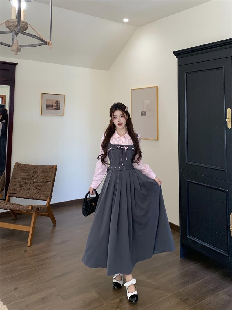 Plus Size Twilight Whispers Autumn Pink Striped & Grey Pinafore Dress