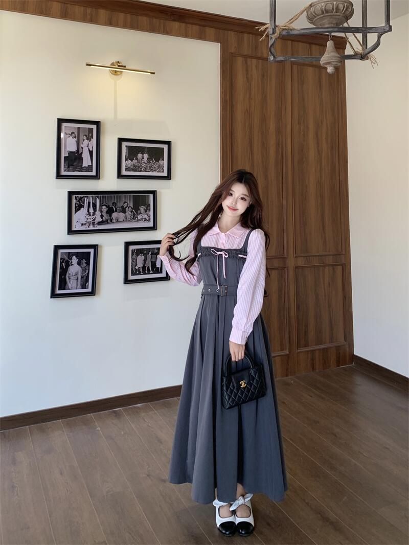 Plus Size Twilight Whispers Autumn Pink Striped & Grey Pinafore Dress