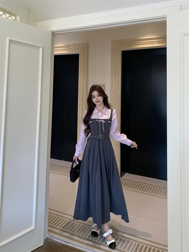 Plus Size Twilight Whispers Autumn Pink Striped & Grey Pinafore Dress