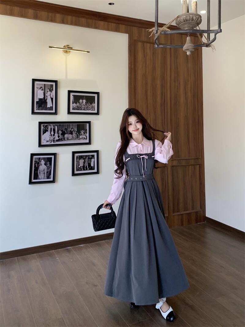 Plus Size Twilight Whispers Autumn Pink Striped & Grey Pinafore Dress