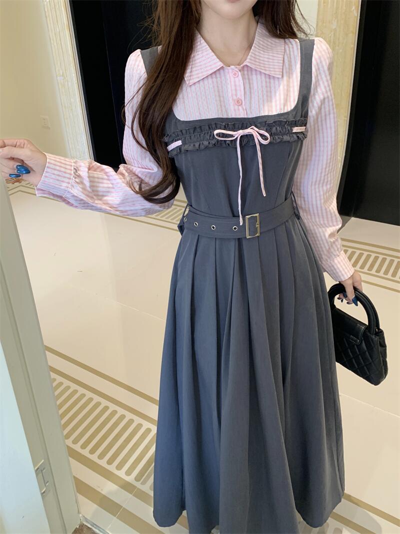 Plus Size Twilight Whispers Autumn Pink Striped & Grey Pinafore Dress