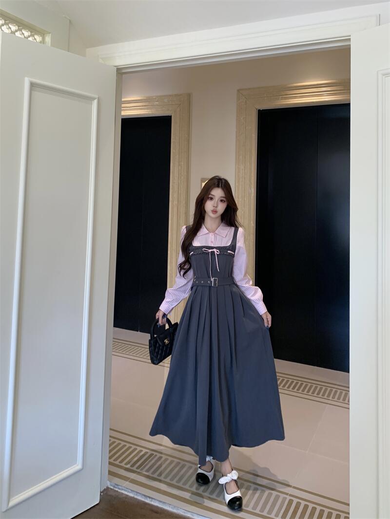 Plus Size Twilight Whispers Autumn Pink Striped & Grey Pinafore Dress