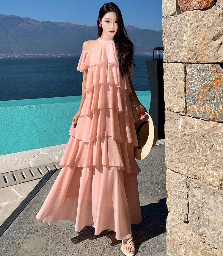 Multi-Layered Tiered Chiffon Halter Maxi Dress