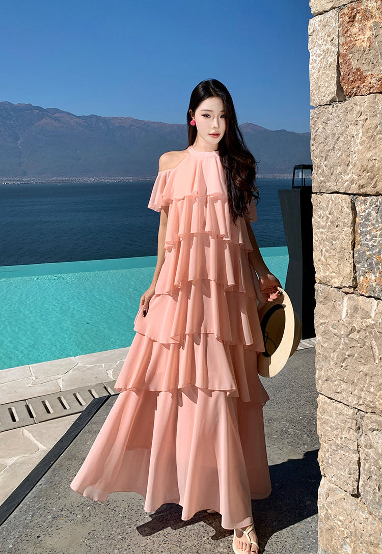 Multi-Layered Tiered Chiffon Halter Maxi Dress