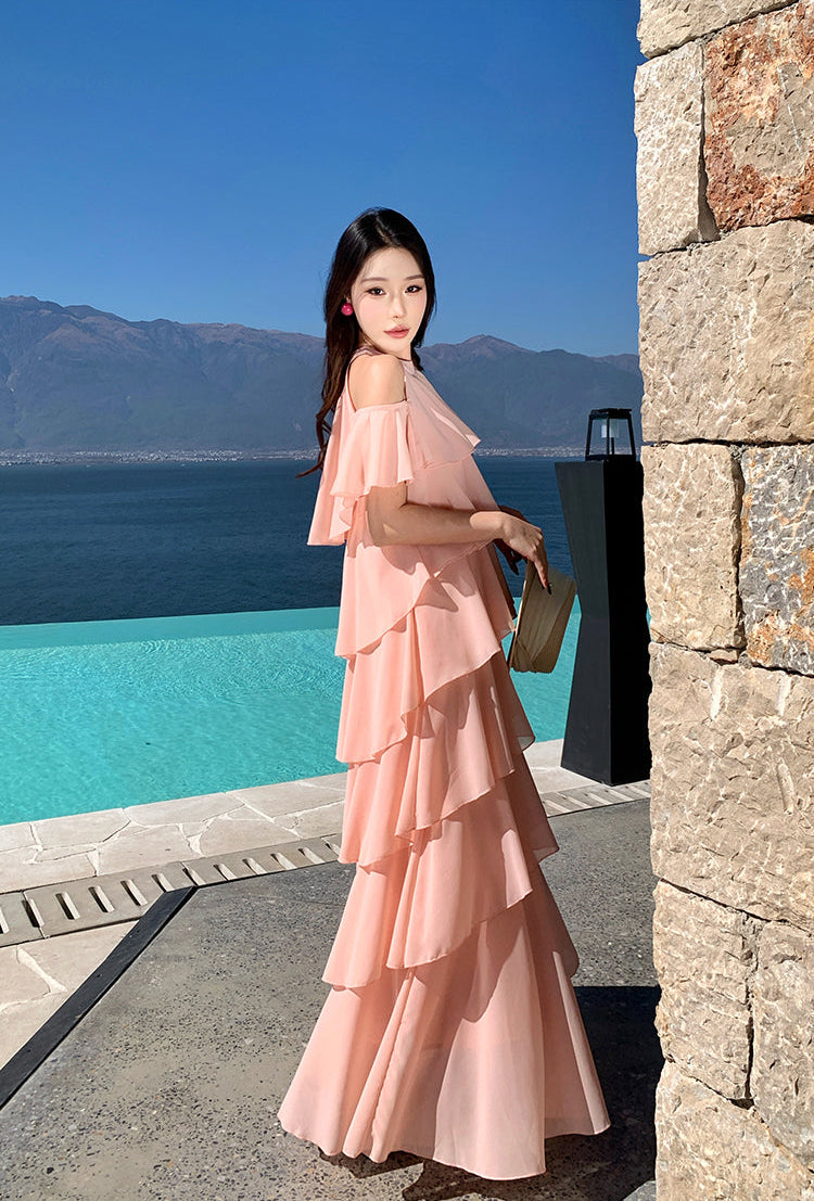 Multi-Layered Tiered Chiffon Halter Maxi Dress