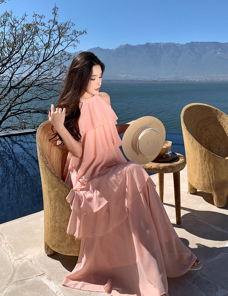 Multi-Layered Tiered Chiffon Halter Maxi Dress
