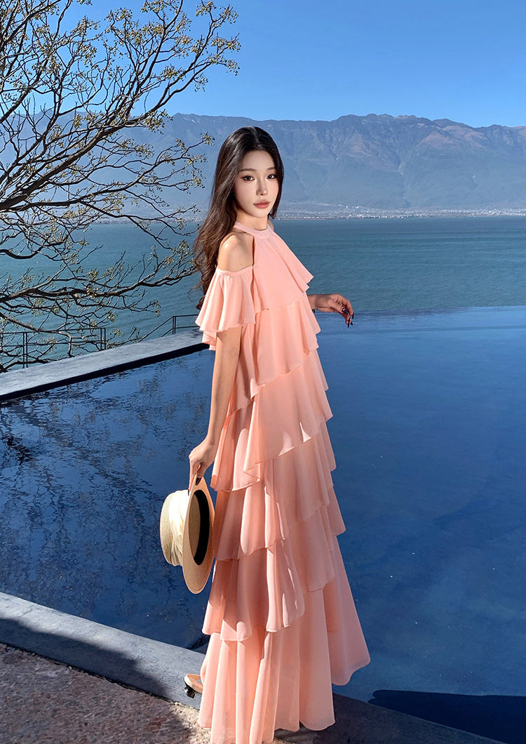 Multi-Layered Tiered Chiffon Halter Maxi Dress