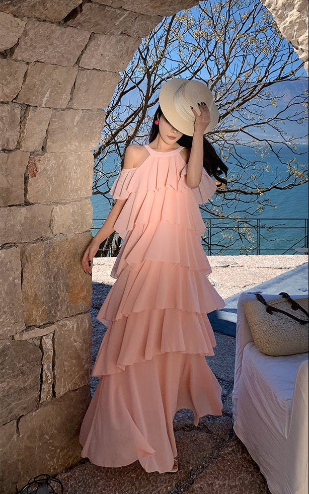 Multi-Layered Tiered Chiffon Halter Maxi Dress