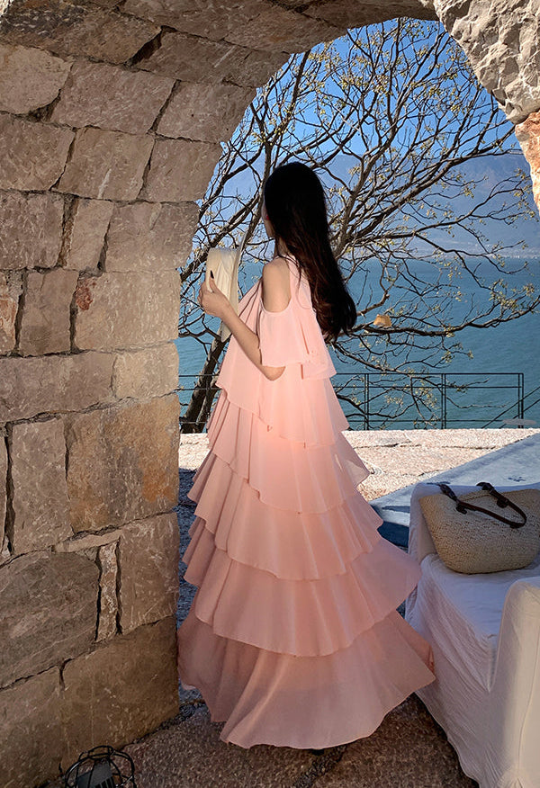 Multi-Layered Tiered Chiffon Halter Maxi Dress