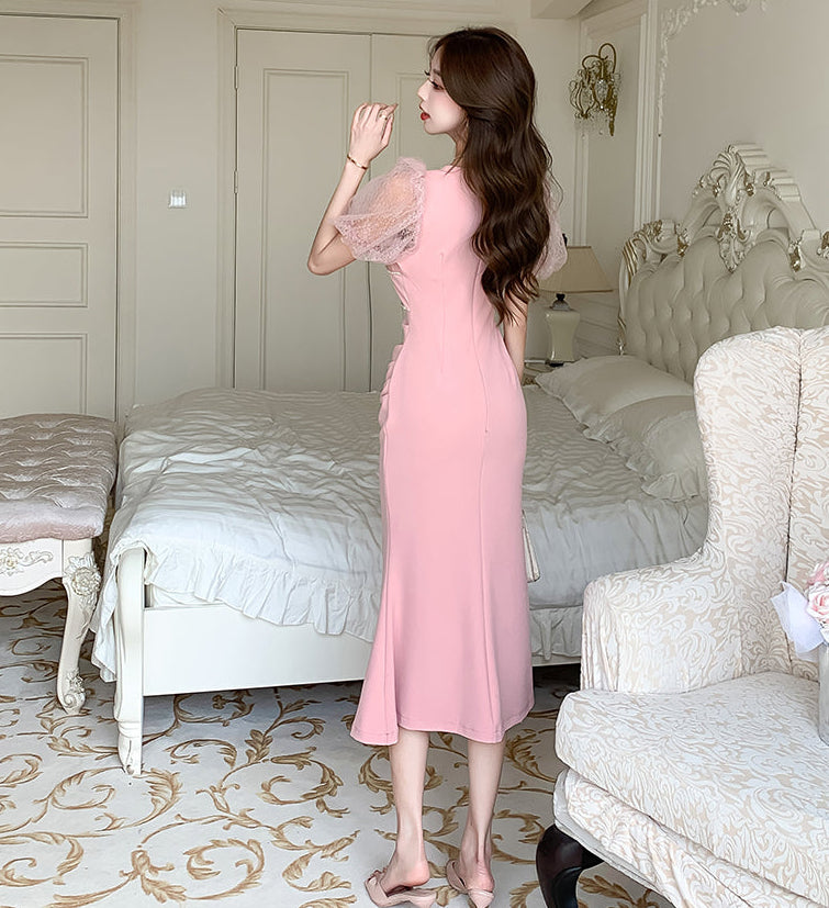 Valentina Lace-Sleeve Pastel Midi