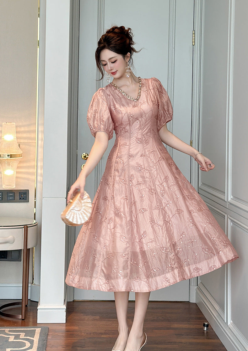 Blush Pink Embroidered Midi Dress with Rhinestone Neckline