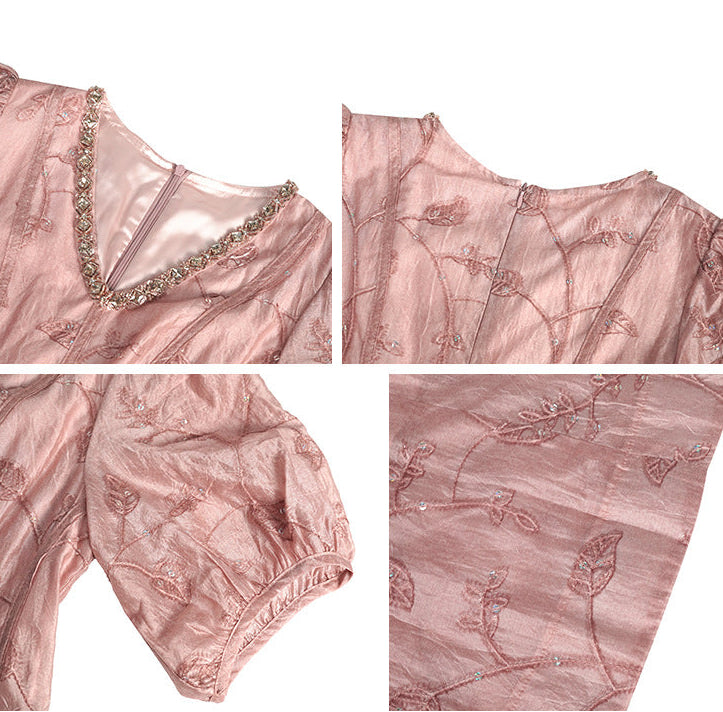 Blush Pink Embroidered Midi Dress with Rhinestone Neckline