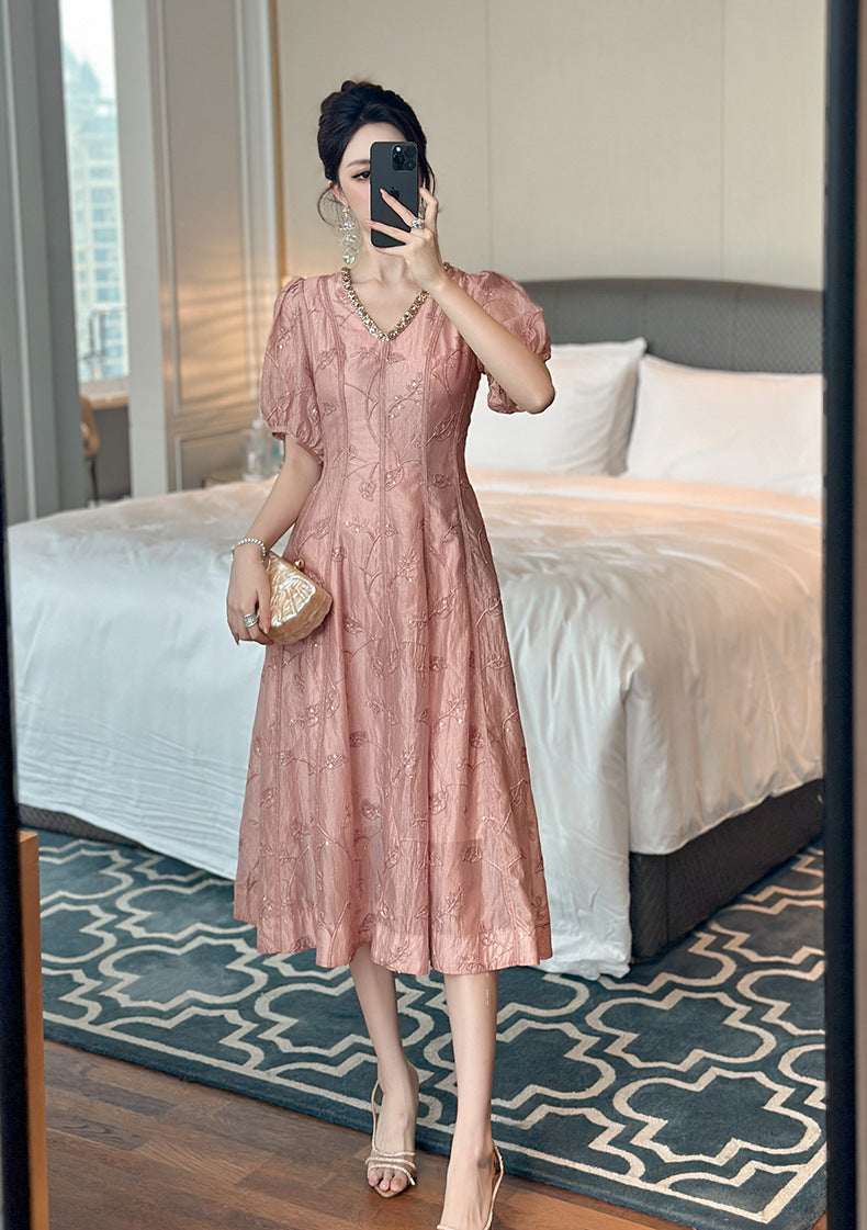 Blush Pink Embroidered Midi Dress with Rhinestone Neckline