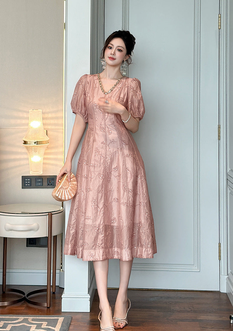 Blush Pink Embroidered Midi Dress with Rhinestone Neckline