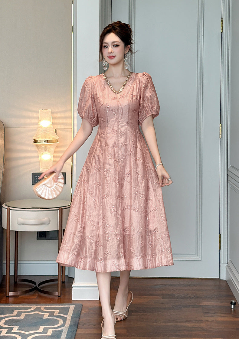 Blush Pink Embroidered Midi Dress with Rhinestone Neckline
