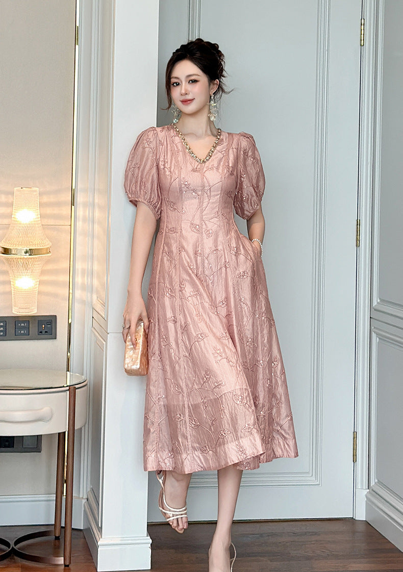 Blush Pink Embroidered Midi Dress with Rhinestone Neckline