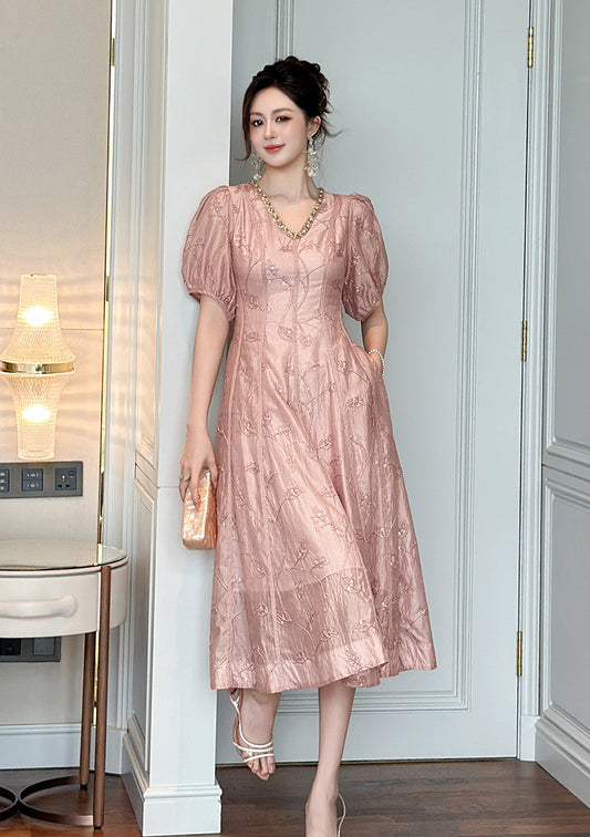 Blush Pink Embroidered Midi Dress with Rhinestone Neckline