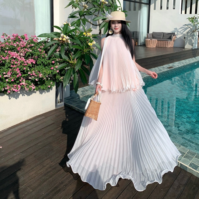 Pleated Chiffon High-Neck Tiered Maxi Dress