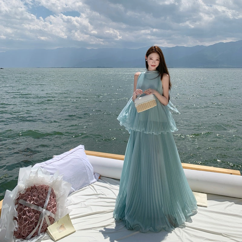 Pleated Chiffon High-Neck Tiered Maxi Dress