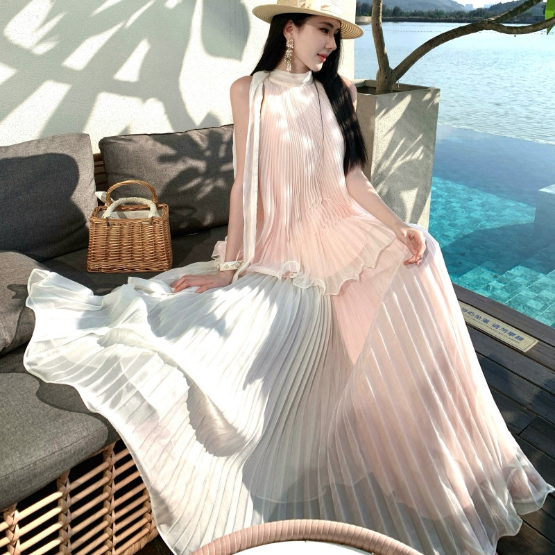 Pleated Chiffon High-Neck Tiered Maxi Dress