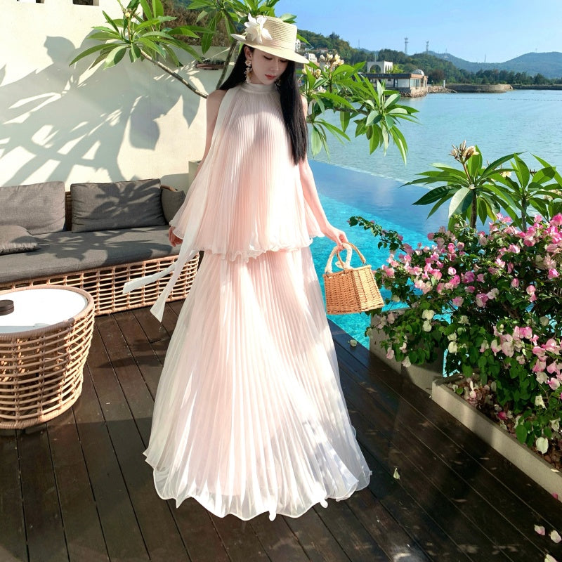 Pleated Chiffon High-Neck Tiered Maxi Dress