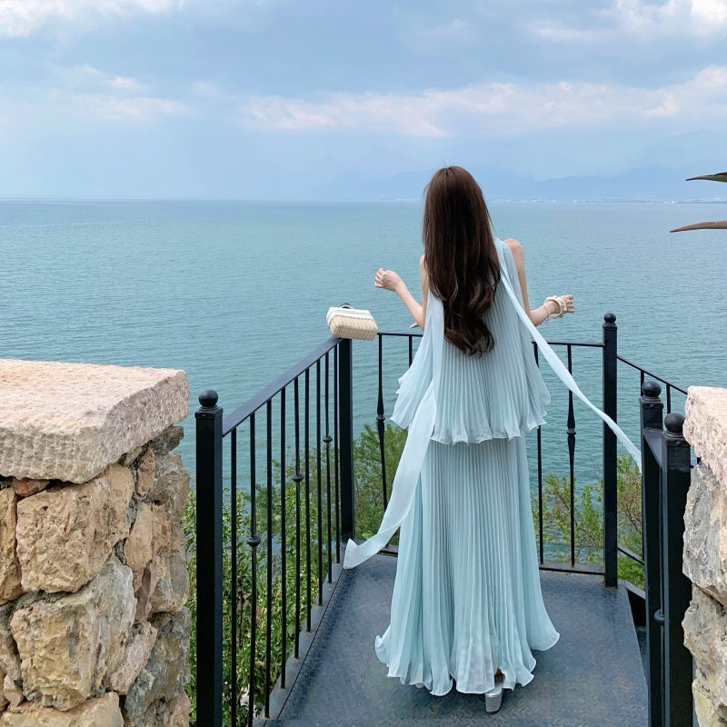 Pleated Chiffon High-Neck Tiered Maxi Dress