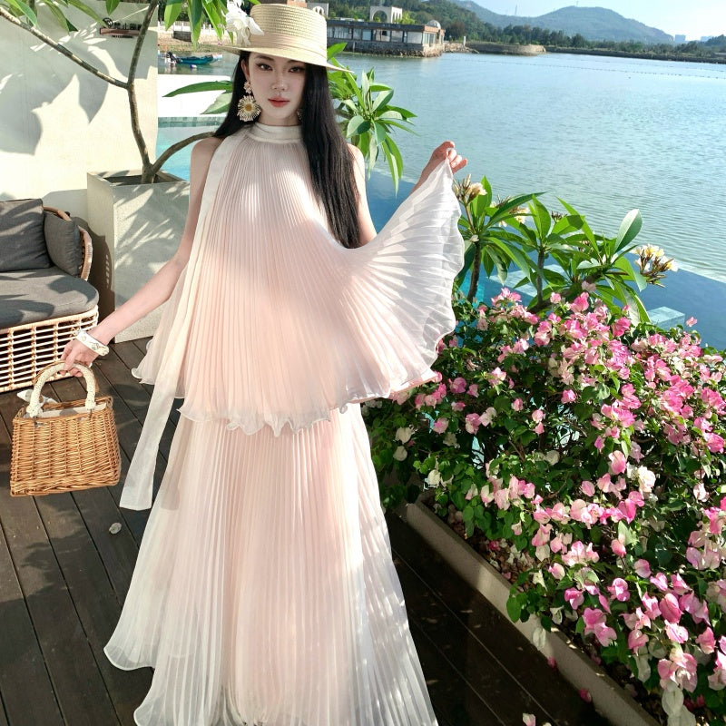 Pleated Chiffon High-Neck Tiered Maxi Dress