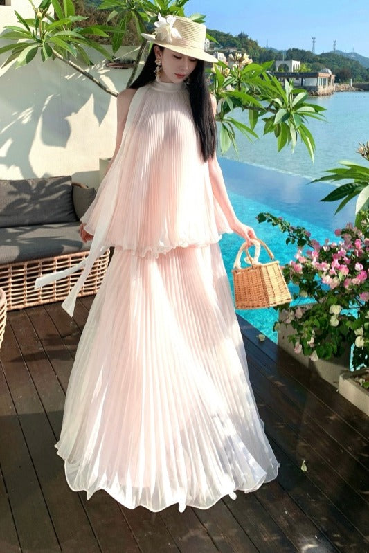 Pleated Chiffon High-Neck Tiered Maxi Dress