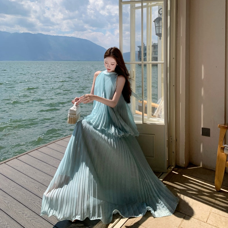 Pleated Chiffon High-Neck Tiered Maxi Dress