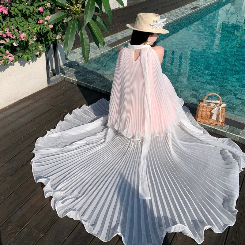 Pleated Chiffon High-Neck Tiered Maxi Dress