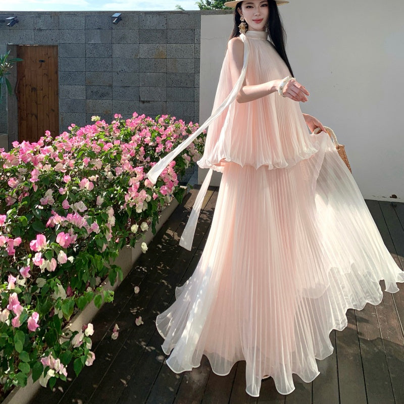 Pleated Chiffon High-Neck Tiered Maxi Dress