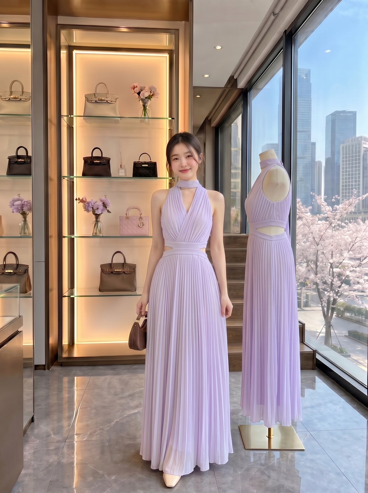 Pleated Cut-Out V-Neck Maxi Dress with Choker